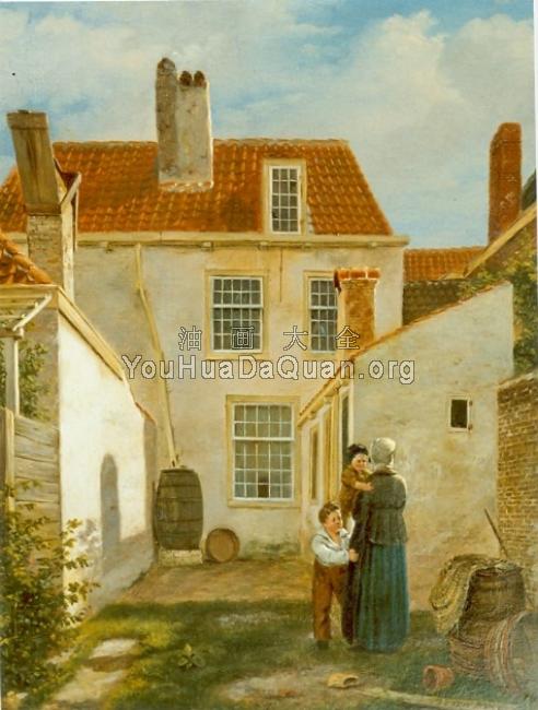 Moeder met twee kinderen op achterplaats - 巴斯勒莫斯·约翰内斯·范·霍夫